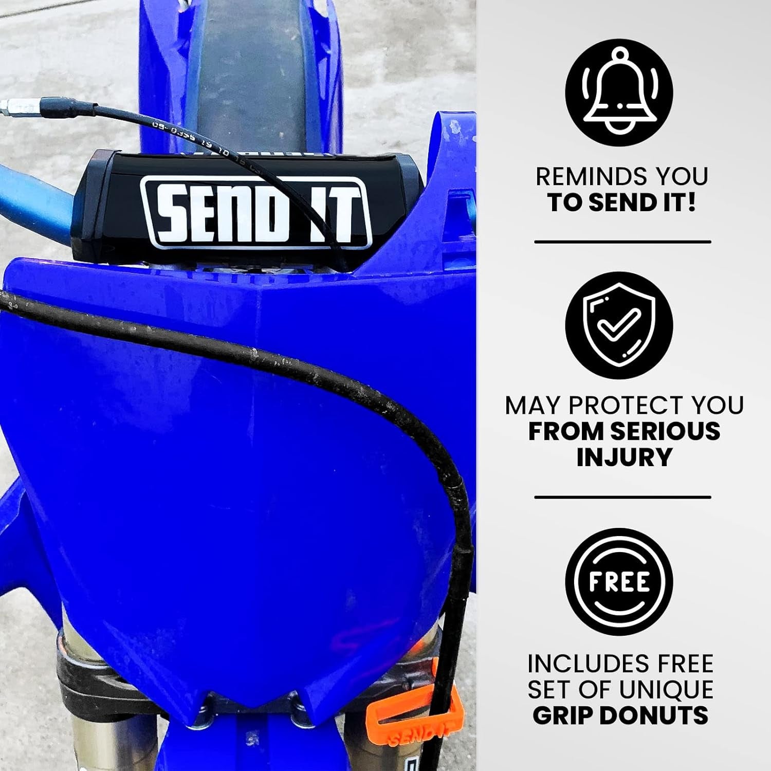 SEND IT Bar Pad with FREE DONUTS Handlebar Dirtbike ATV Crossbar (BLACK, SQUARE)